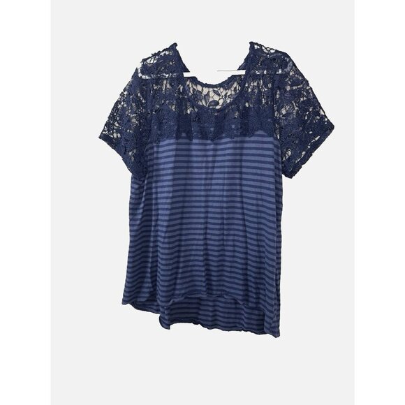 Lane Bryant Blue Stripe Crochet Lace Blouse 22/24 Coastal Grandma Preppy Cottage - Picture 2 of 6